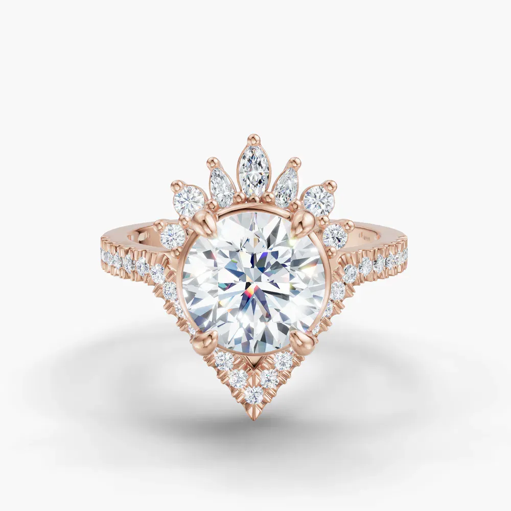 Certified 2 carat Lab Grown Diamond Round Cut Unique, Art Deco, Side Stone Engagement Ring in 14K Rose Gold-Tiara