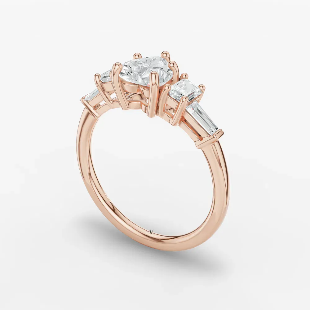 Certified 1 carat Lab Grown Diamond Heart Cut Five Stone, Baguette, Art Deco Engagement Ring in 14K Rose Gold-Olume