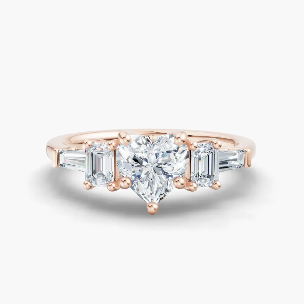 Certified 1 carat Lab Grown Diamond Heart Cut Five Stone, Baguette, Art Deco Engagement Ring in 14K Rose Gold-Olume
