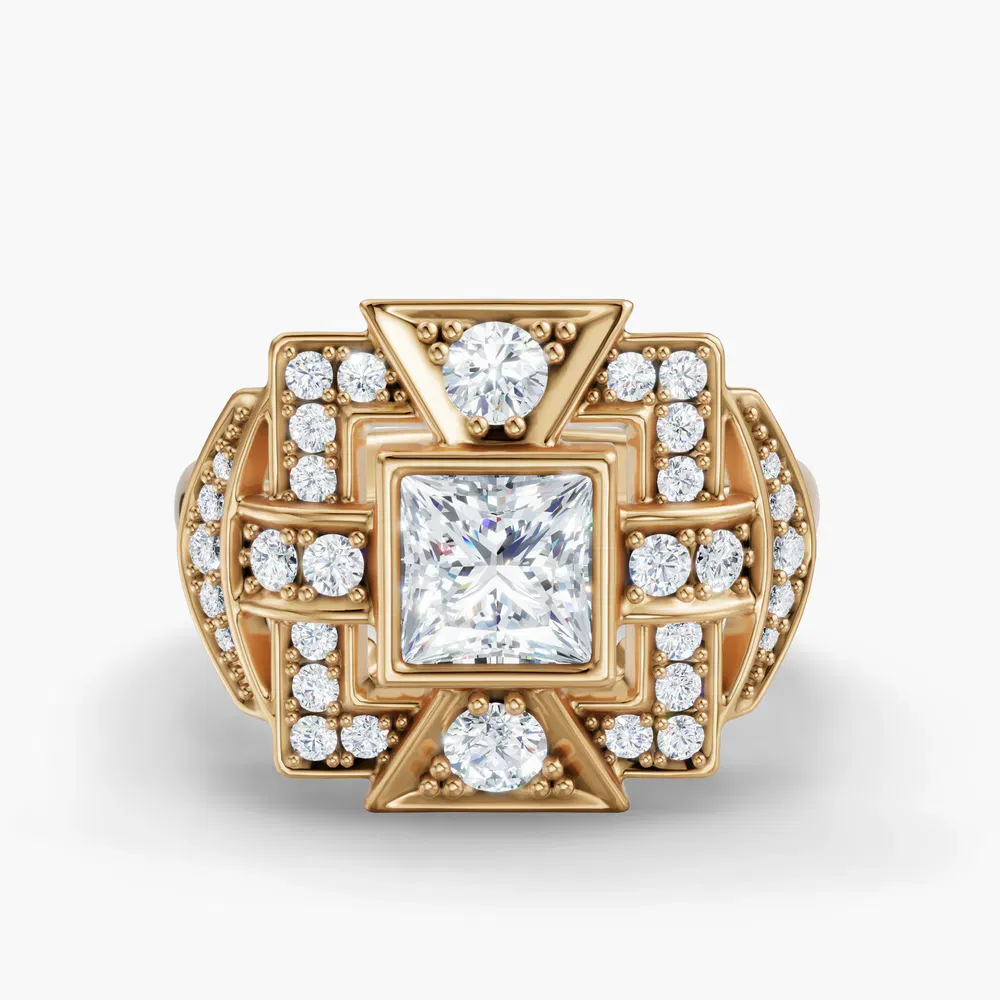 Certified 1 carat Lab Grown Diamond Princess Cut Unique, Art Deco, Vintage Engagement Ring in 14K Yellow Gold-Prism