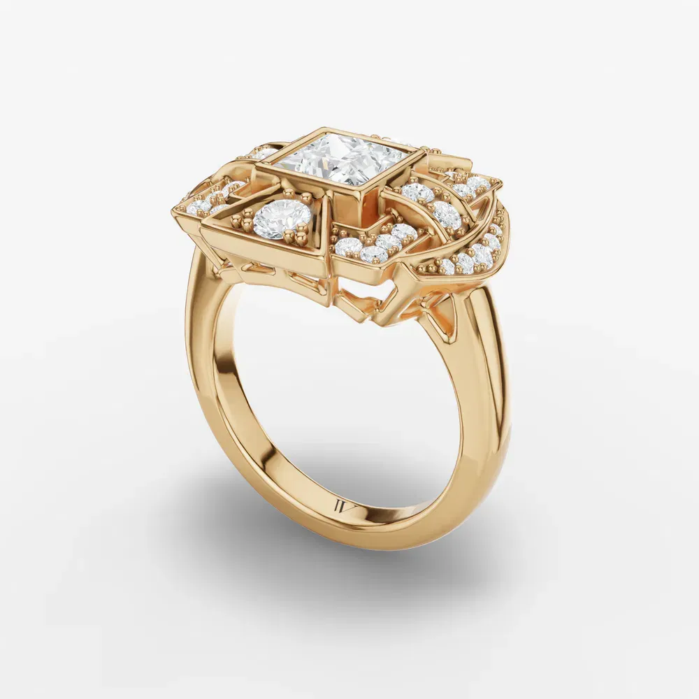 Certified 1 carat Lab Grown Diamond Princess Cut Unique, Art Deco, Vintage Engagement Ring in 14K Yellow Gold-Prism