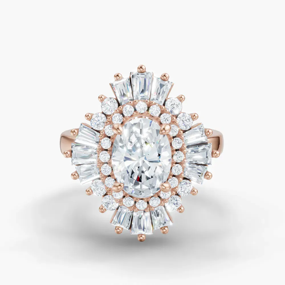 Certified 1.5 carat Lab Grown Diamond Oval Cut Double halo, Baguette, Floral Engagement Ring in 14K Rose Gold-Dawn