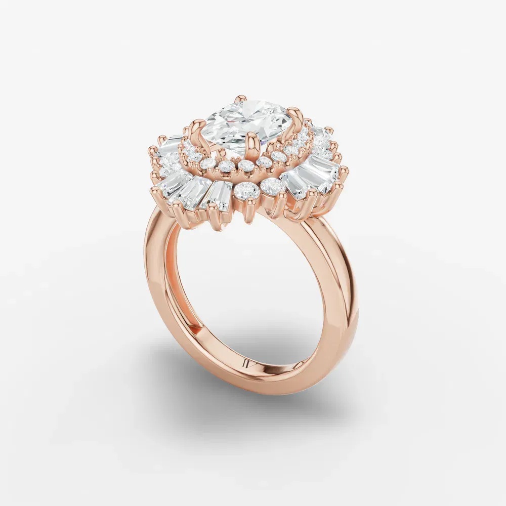 Certified 1.5 carat Lab Grown Diamond Oval Cut Double halo, Baguette, Floral Engagement Ring in 14K Rose Gold-Dawn