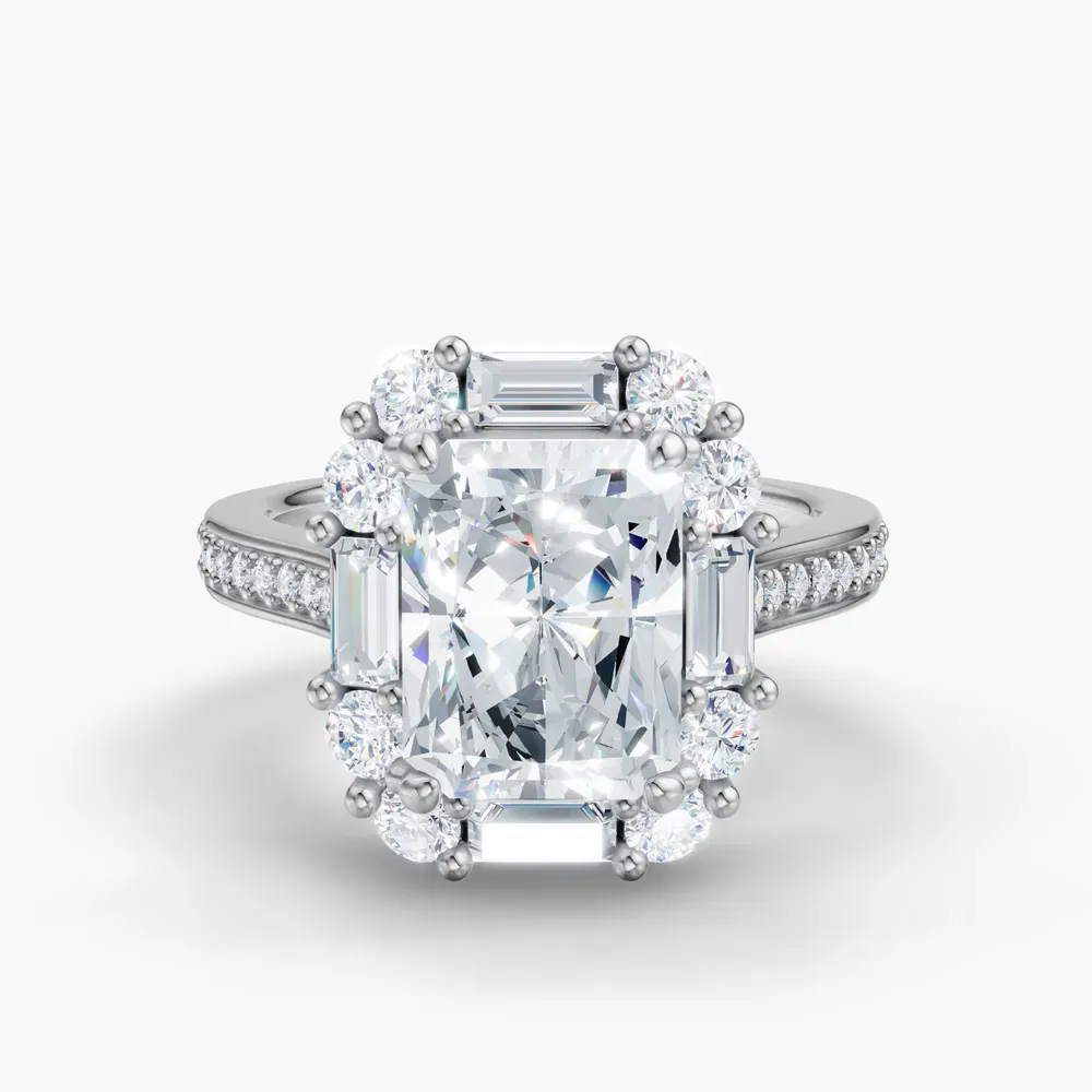 Certified 2 carat Lab Grown Diamond Radiant Cut Halo, Art Deco, Cathedral Engagement Ring in 14K White Gold-Crysle