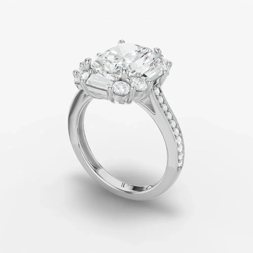 Certified 2 carat Lab Grown Diamond Radiant Cut Halo, Art Deco, Cathedral Engagement Ring in 14K White Gold-Crysle