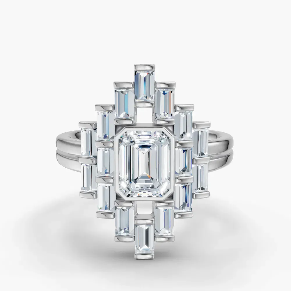 Certified 1 carat Lab Grown Diamond Emerald Cut Baguette, Bezel, Art Deco Engagement Ring in 14K White Gold-Kryst