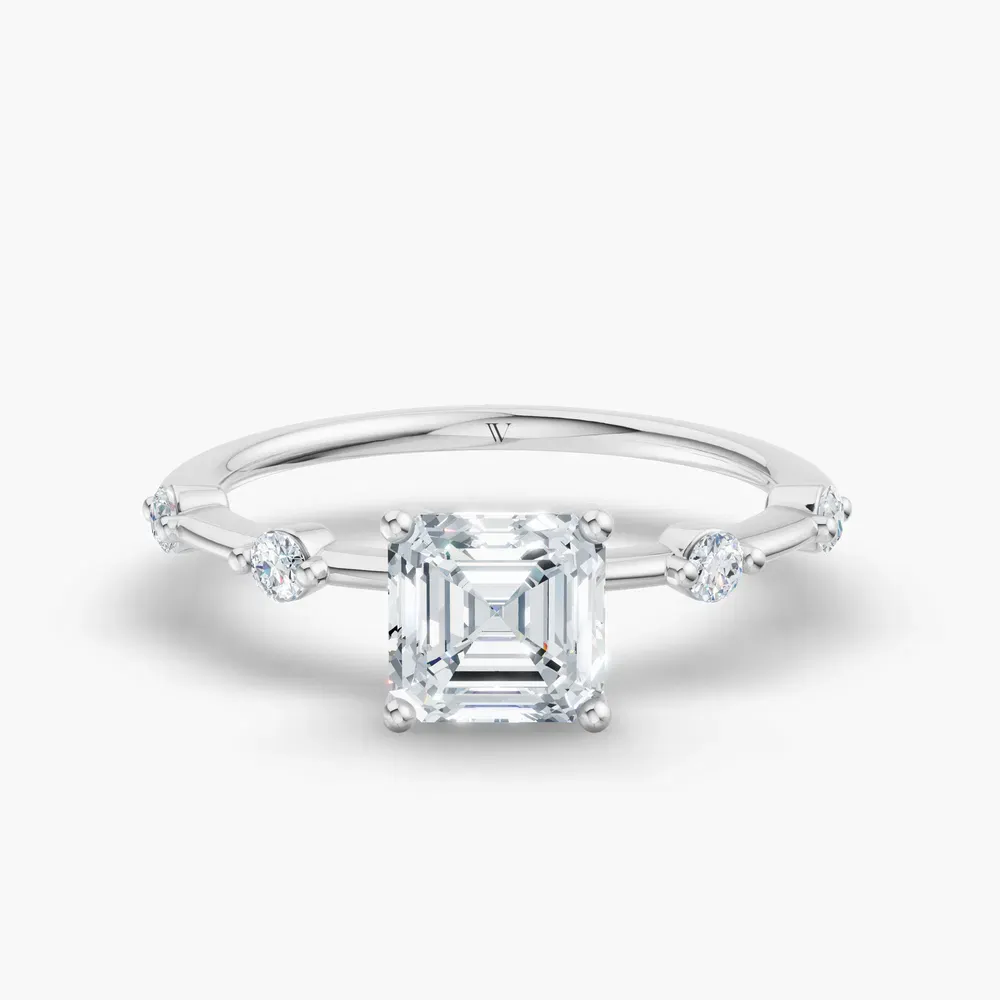 Certified 1 carat Lab Grown Diamond Asscher Cut Low profile, Side Stone Engagement Ring in 14K White Gold-Hriw