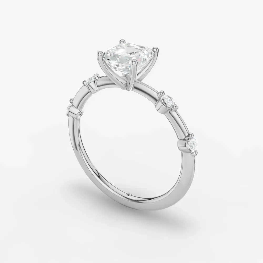 Certified 1 carat Lab Grown Diamond Asscher Cut Low profile, Side Stone Engagement Ring in 14K White Gold-Hriw