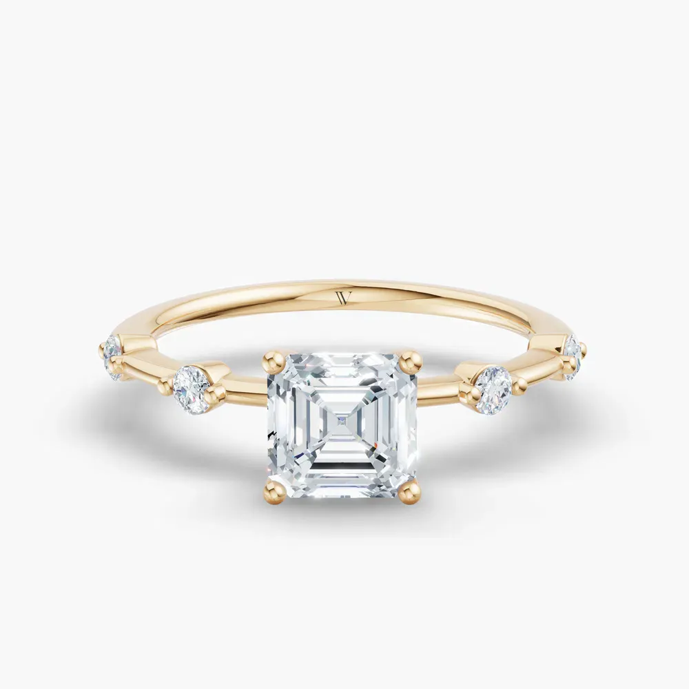 Certified 1 carat Lab Grown Diamond Asscher Cut Low profile, Side Stone Engagement Ring in 14K Yellow Gold-Hriw