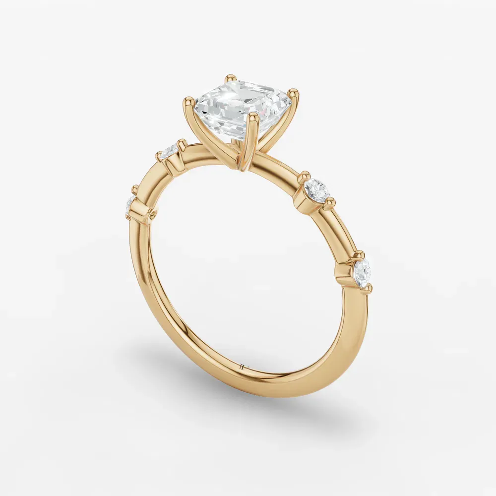 Certified 1 carat Lab Grown Diamond Asscher Cut Low profile, Side Stone Engagement Ring in 14K Yellow Gold-Hriw