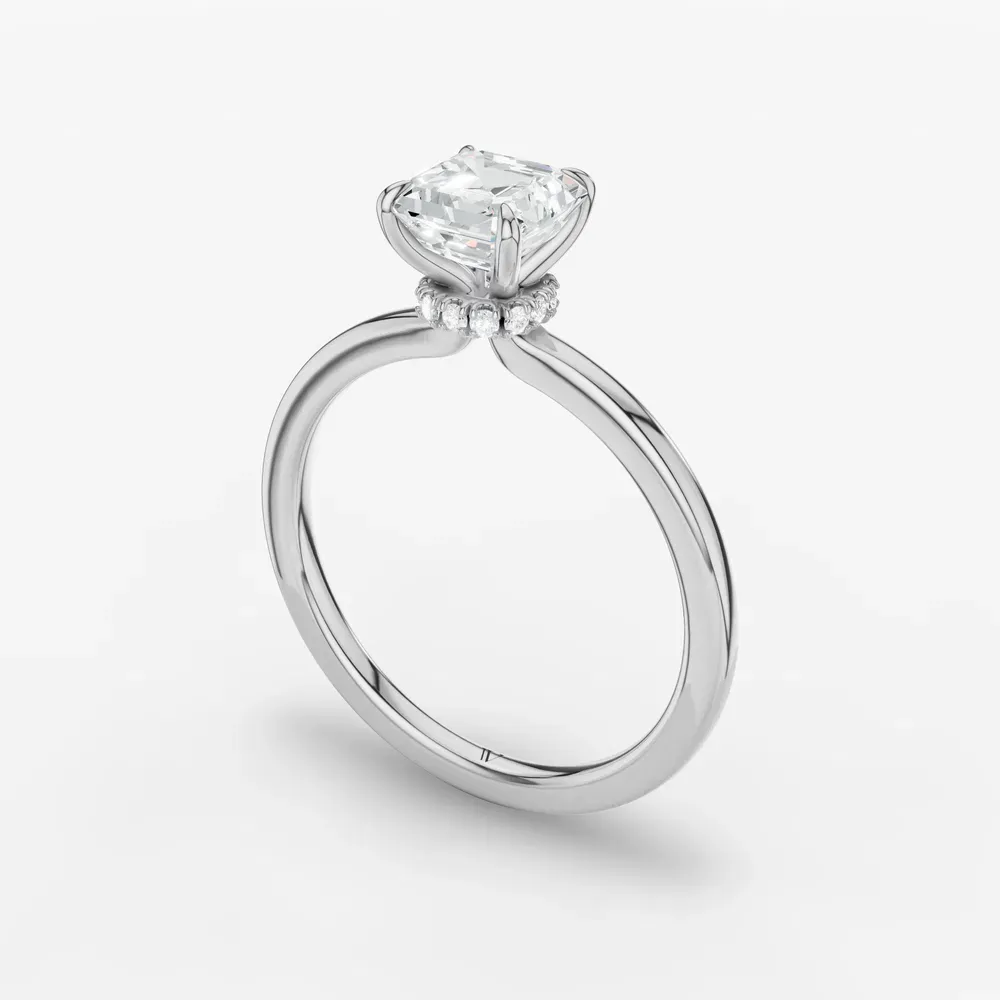 Certified 1 carat Lab Grown Diamond Asscher Cut Hidden Halo Engagement Ring in 14K White Gold-Helia