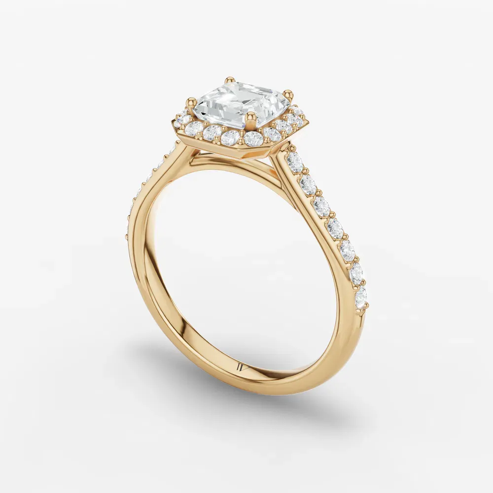 Certified 1 carat Lab Grown Diamond Asscher Cut Pavé, Halo, Cathedral Engagement Ring in 14K Yellow Gold-Kvolt