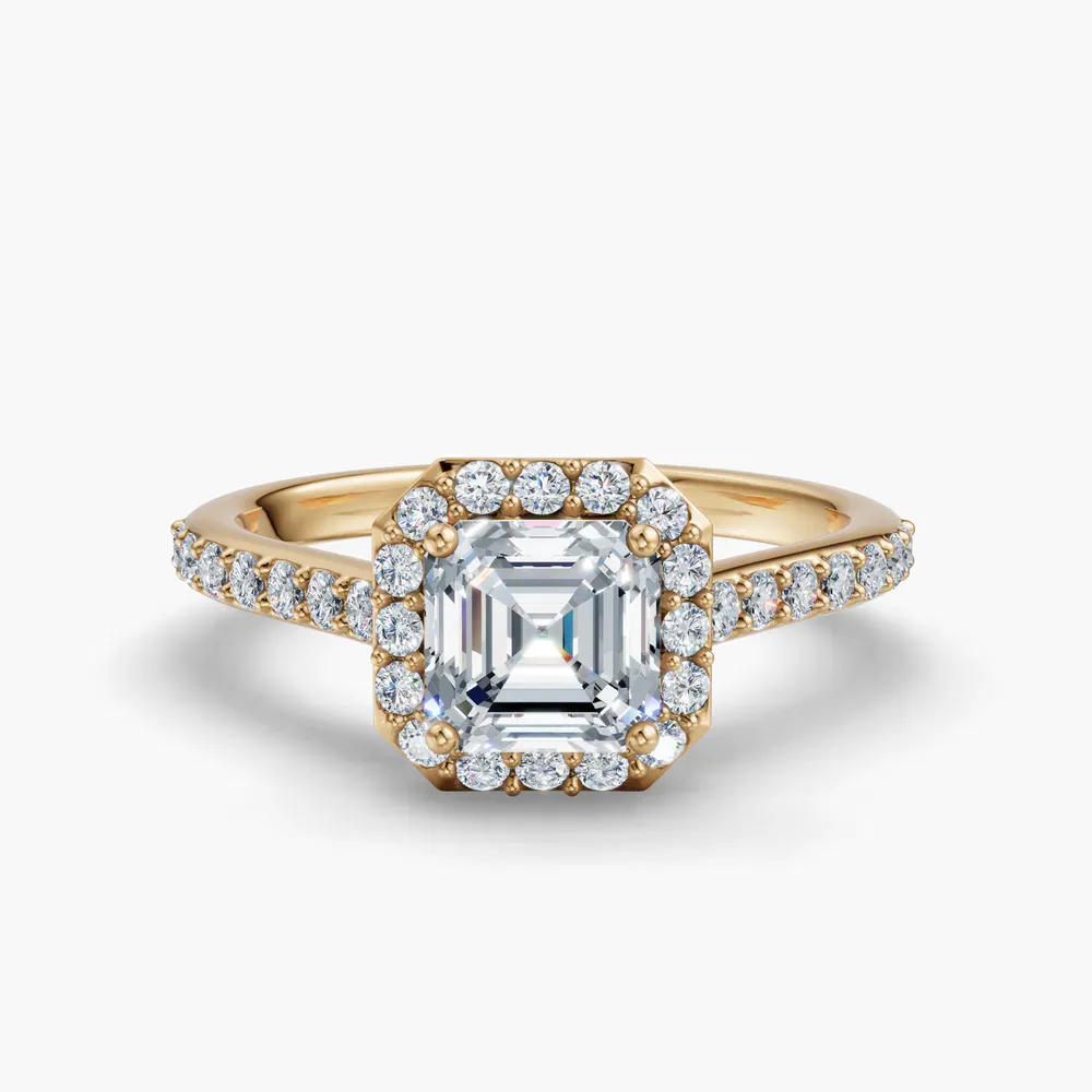 Certified 1 carat Lab Grown Diamond Asscher Cut Pavé, Halo, Cathedral Engagement Ring in 14K Yellow Gold-Kvolt