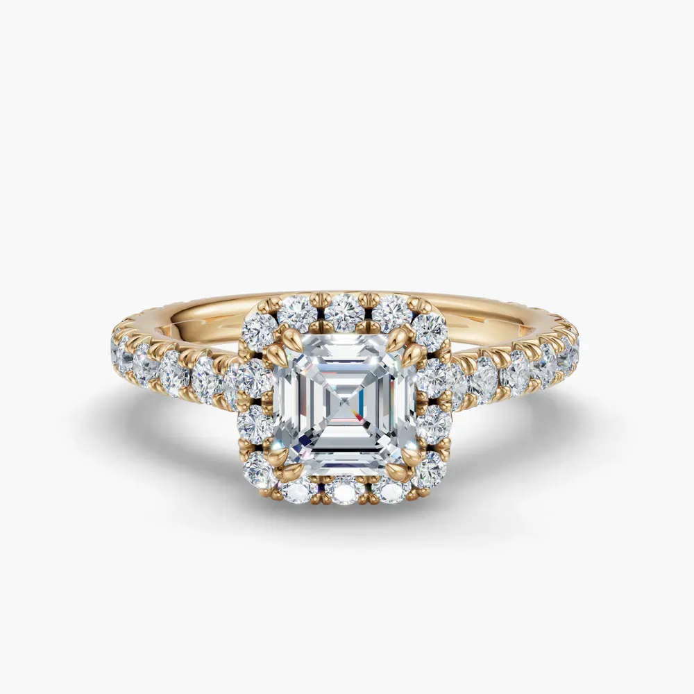 Certified 1 carat Lab Grown Diamond Asscher Cut Cathedral, Pavé, Halo Engagement Ring in 14K Yellow Gold-Zaria
