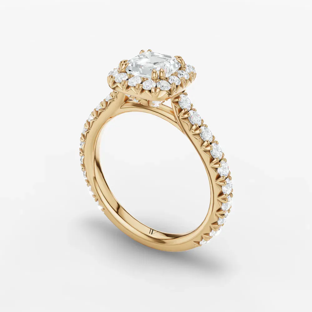 Certified 1 carat Lab Grown Diamond Asscher Cut Cathedral, Pavé, Halo Engagement Ring in 14K Yellow Gold-Zaria