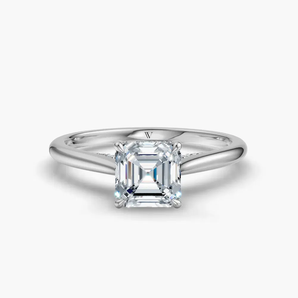 Certified 1 carat Lab Grown Diamond Asscher Cut Hidden Halo, Cathedral, Solitaire Engagement Ring in 14K White Gold-Wrenq