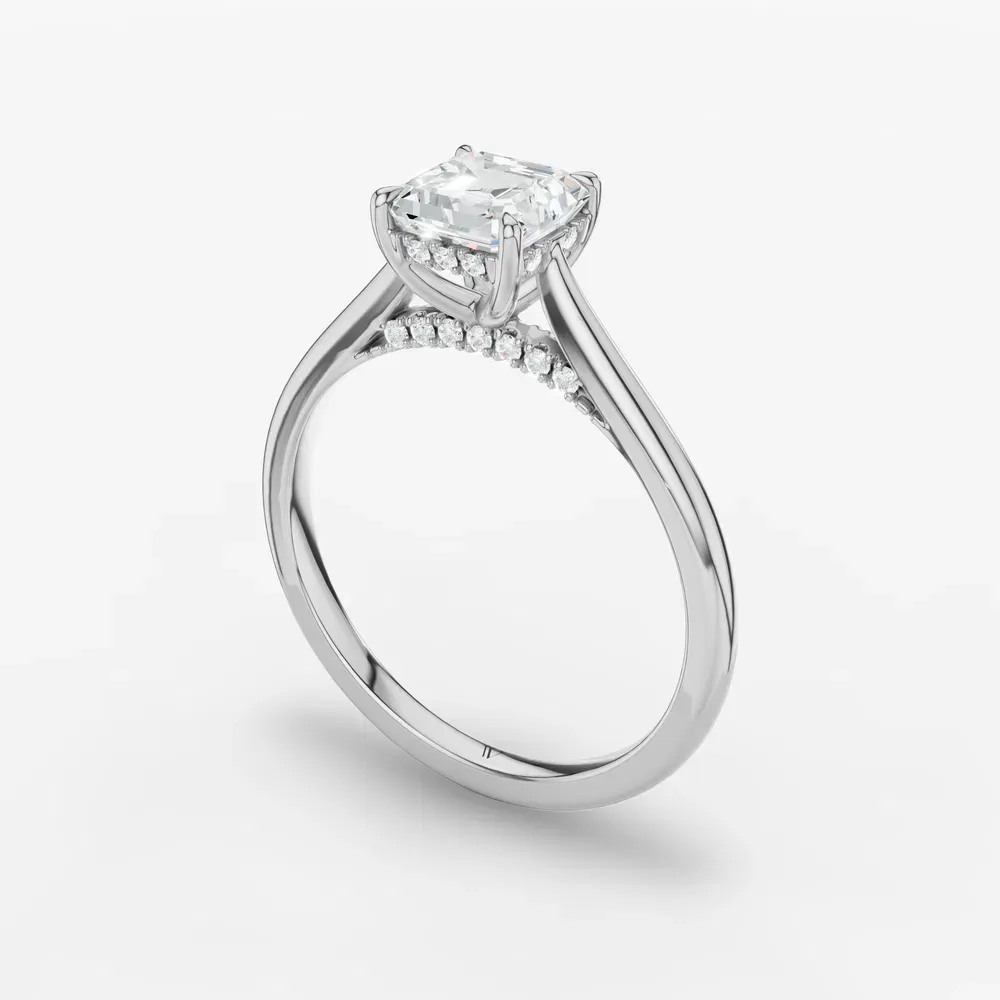 Certified 1 carat Lab Grown Diamond Asscher Cut Hidden Halo, Cathedral, Solitaire Engagement Ring in 14K White Gold-Wrenq