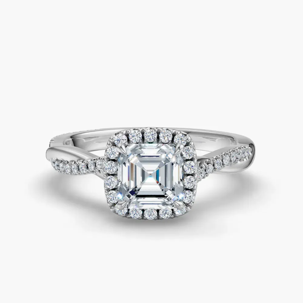 Certified 1 carat Lab Grown Diamond Asscher Cut Twist, Cathedral, Pavé Engagement Ring in 14K White Gold-Itic