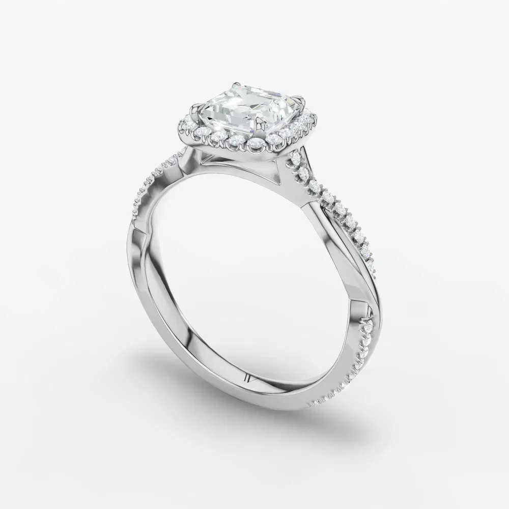 Certified 1 carat Lab Grown Diamond Asscher Cut Twist, Cathedral, Pavé Engagement Ring in 14K White Gold-Itic