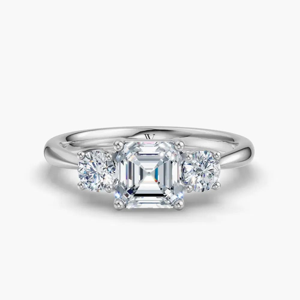 Certified 1 carat Lab Grown Diamond Asscher Cut Three Stone, Side Stone, Low profile Engagement Ring in 14K White Gold-Dhyra