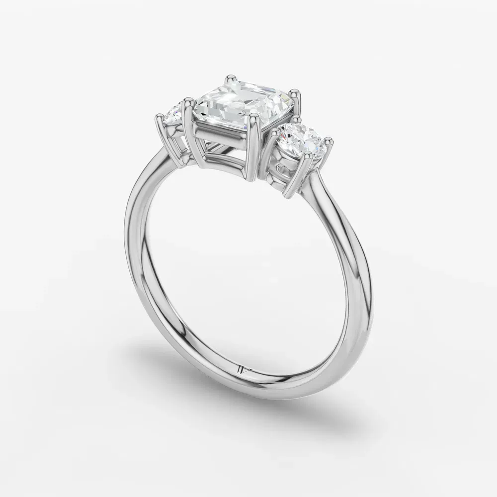 Certified 1 carat Lab Grown Diamond Asscher Cut Three Stone, Side Stone, Low profile Engagement Ring in 14K White Gold-Dhyra
