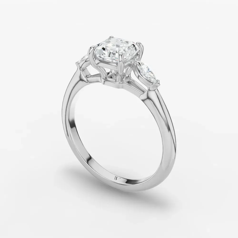 Certified 1 carat Lab Grown Diamond Asscher Cut Three Stone, Side Stone Engagement Ring in 14K White Gold-Glow
