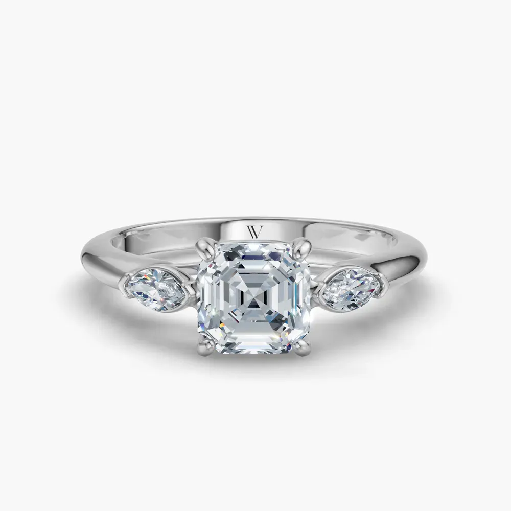 Certified 1 carat Lab Grown Diamond Asscher Cut Three Stone, Side Stone Engagement Ring in 14K White Gold-Glow