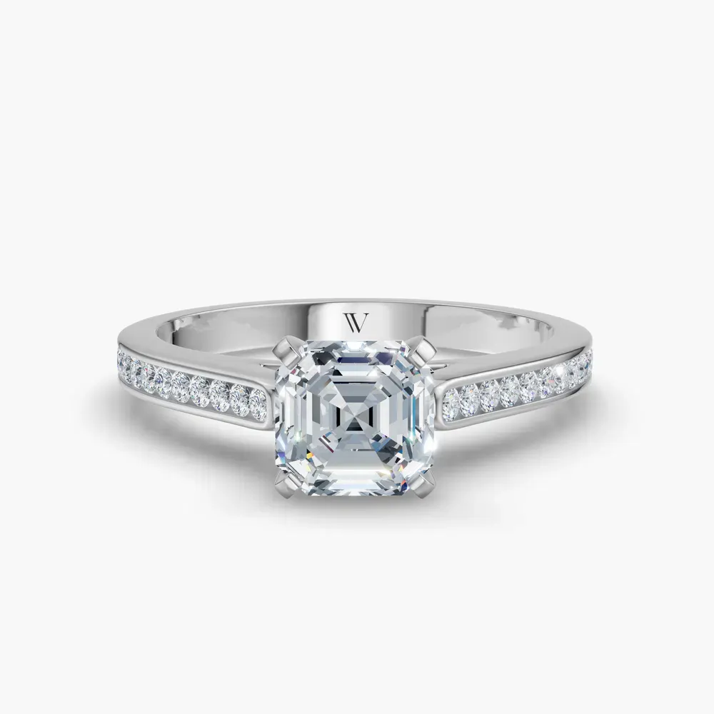 Certified 1 carat Lab Grown Diamond Asscher Cut Cathedral, Channel Set Engagement Ring in 14K White Gold-Velora
