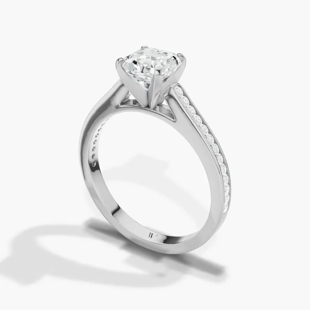 Certified 1 carat Lab Grown Diamond Asscher Cut Cathedral, Channel Set Engagement Ring in 14K White Gold-Velora