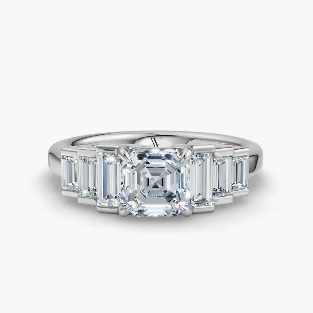 Certified 1 carat Lab Grown Diamond Asscher Cut Baguette, Art Deco, Side Stone Engagement Ring in 14K White Gold-Zepy