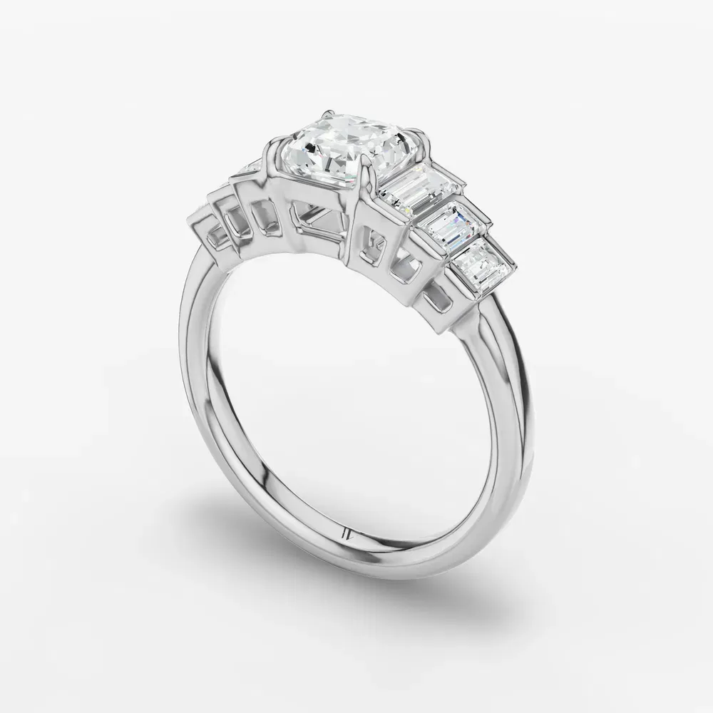 Certified 1 carat Lab Grown Diamond Asscher Cut Baguette, Art Deco, Side Stone Engagement Ring in 14K White Gold-Zepy