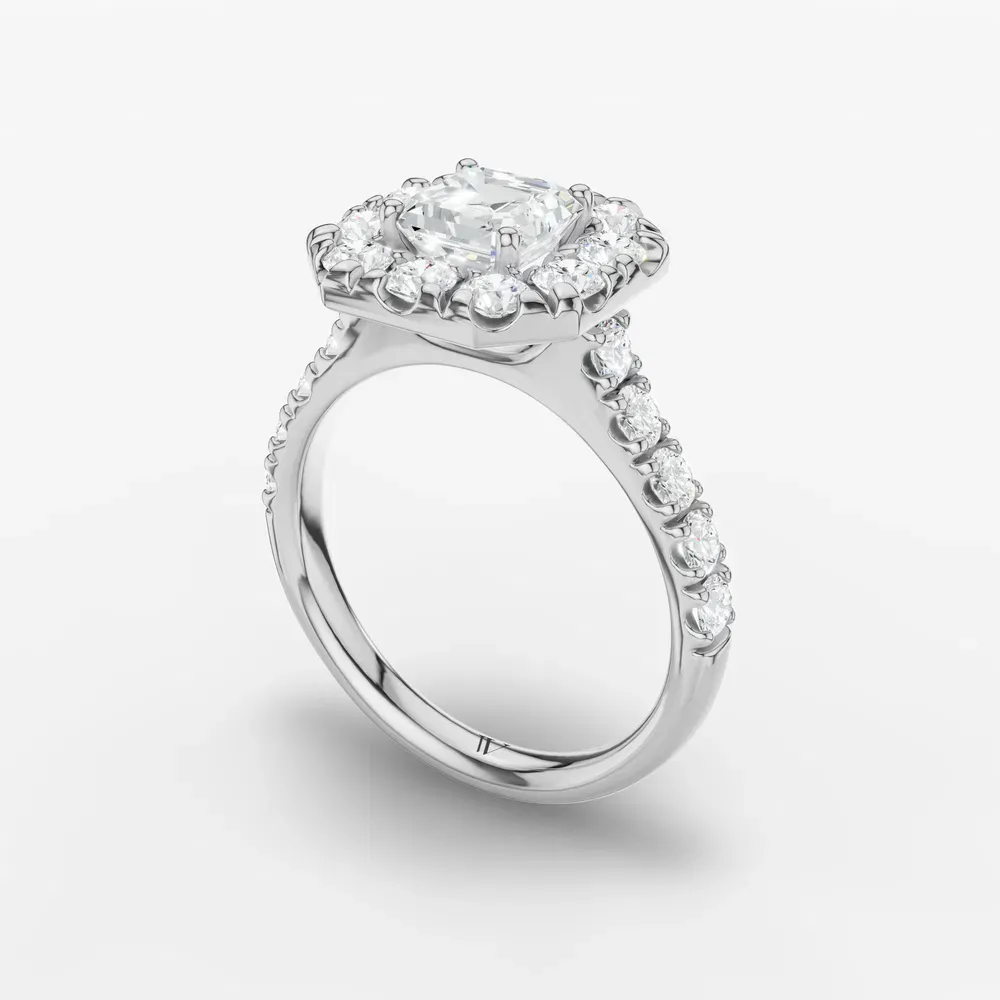 Certified 1 carat Lab Grown Diamond Asscher Cut Halo, Pavé, Cathedral Engagement Ring in 14K White Gold-Astrid