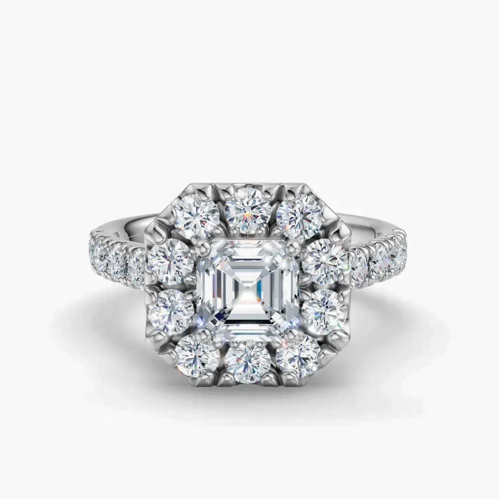Certified 1 carat Lab Grown Diamond Asscher Cut Halo, Pavé, Cathedral Engagement Ring in 14K White Gold-Astrid