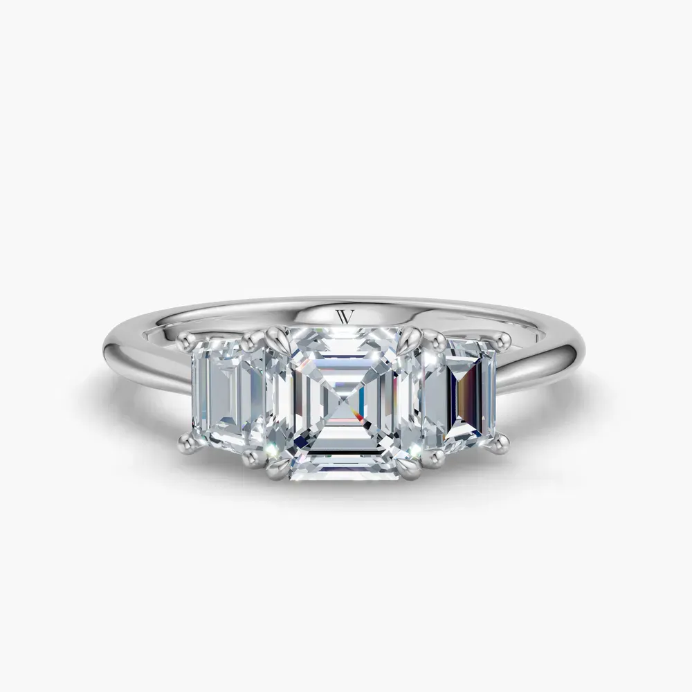 Certified 1 carat Lab Grown Diamond Asscher Cut Three Stone, Side Stone, Low profile Engagement Ring in 14K White Gold-Cygnus