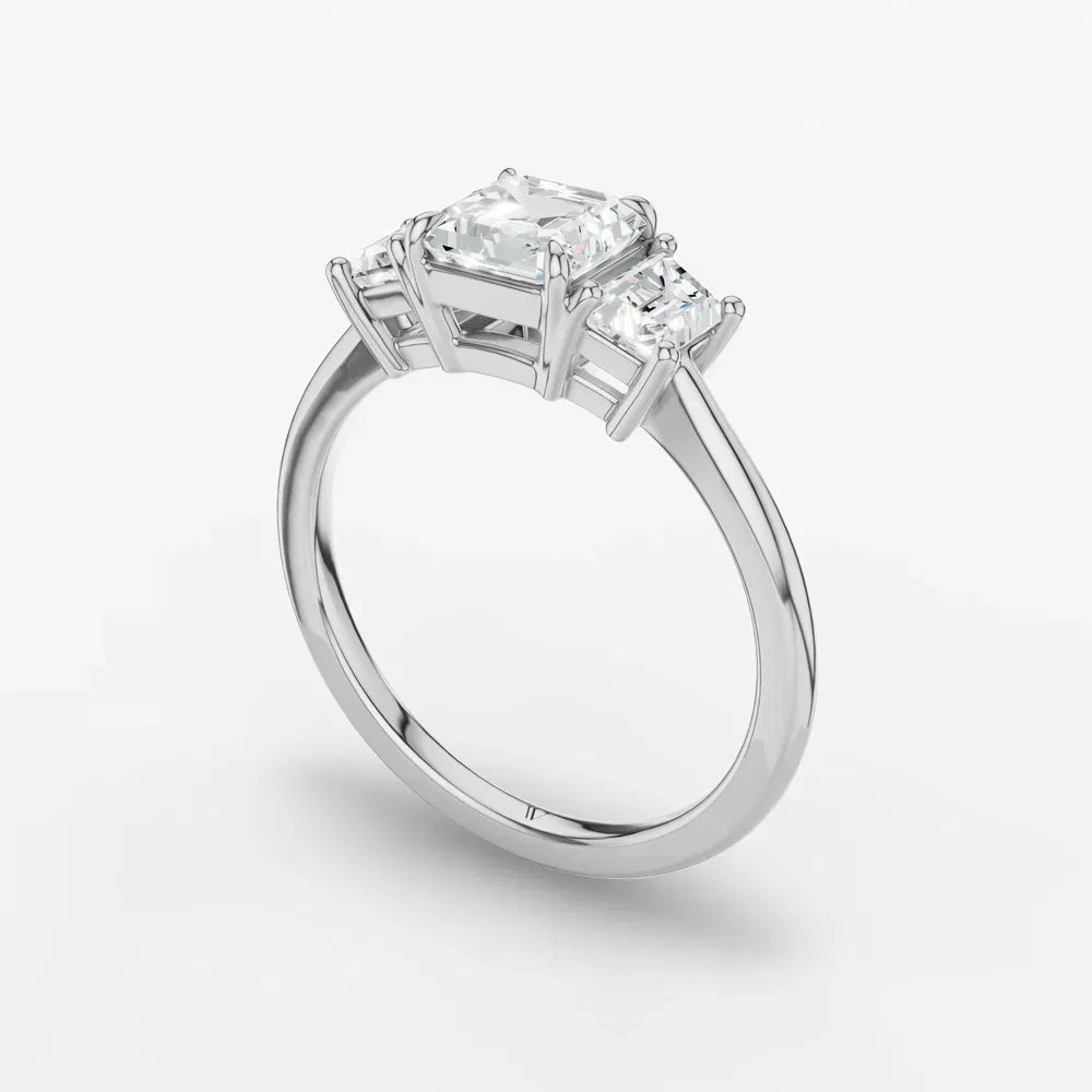 Certified 1 carat Lab Grown Diamond Asscher Cut Three Stone, Side Stone, Low profile Engagement Ring in 14K White Gold-Cygnus