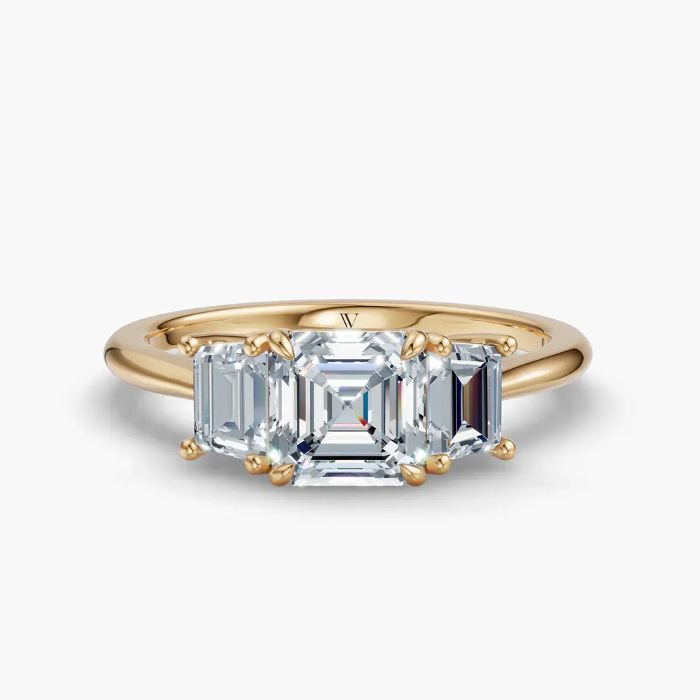Certified 1 carat Lab Grown Diamond Asscher Cut Three Stone, Side Stone, Low profile Engagement Ring in 14K Yellow Gold-Cygnus