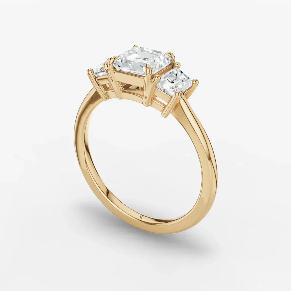 Certified 1 carat Lab Grown Diamond Asscher Cut Three Stone, Side Stone, Low profile Engagement Ring in 14K Yellow Gold-Cygnus