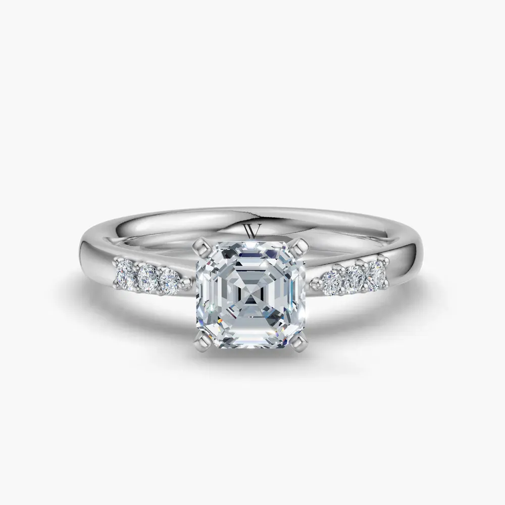 Certified 1 carat Lab Grown Diamond Asscher Cut Side Stone Engagement Ring in 14K White Gold-Jubatu