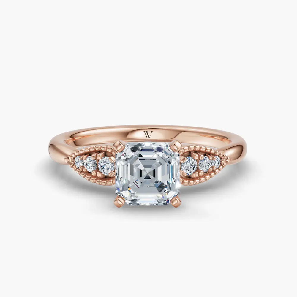 Certified 1 carat Lab Grown Diamond Asscher Cut Milgrain, Vintage, Side Stone Engagement Ring in 14K Rose Gold-Yerlin