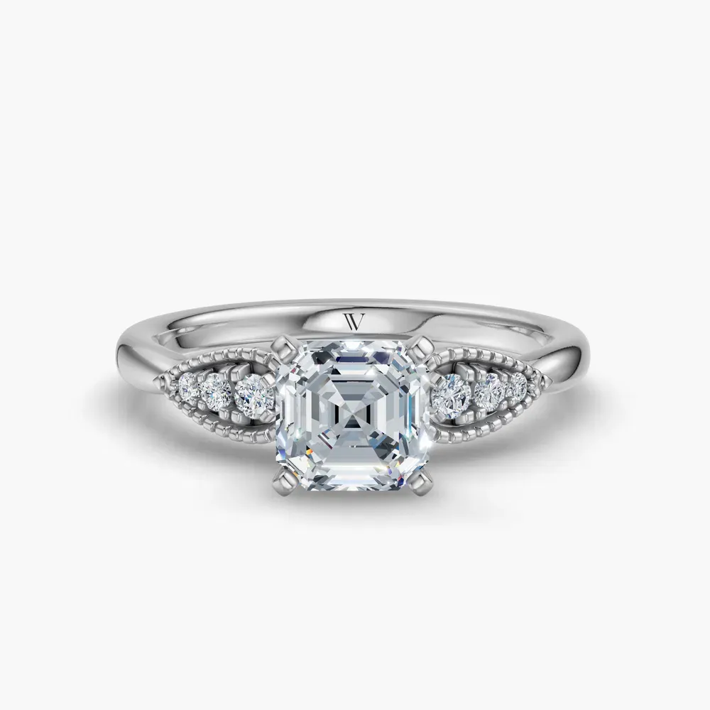 Certified 1 carat Lab Grown Diamond Asscher Cut Milgrain, Vintage, Side Stone Engagement Ring in 14K White Gold-Yerlin