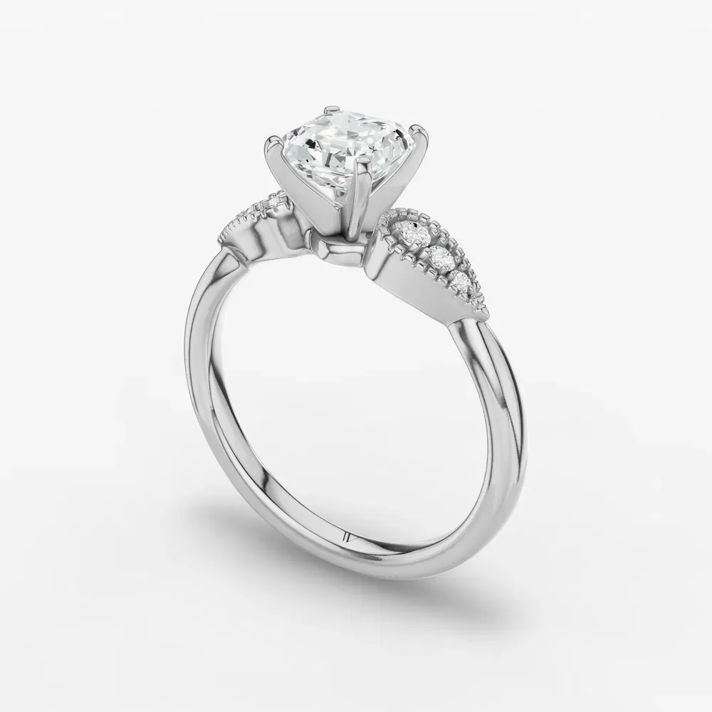 Certified 1 carat Lab Grown Diamond Asscher Cut Milgrain, Vintage, Side Stone Engagement Ring in 14K White Gold-Yerlin