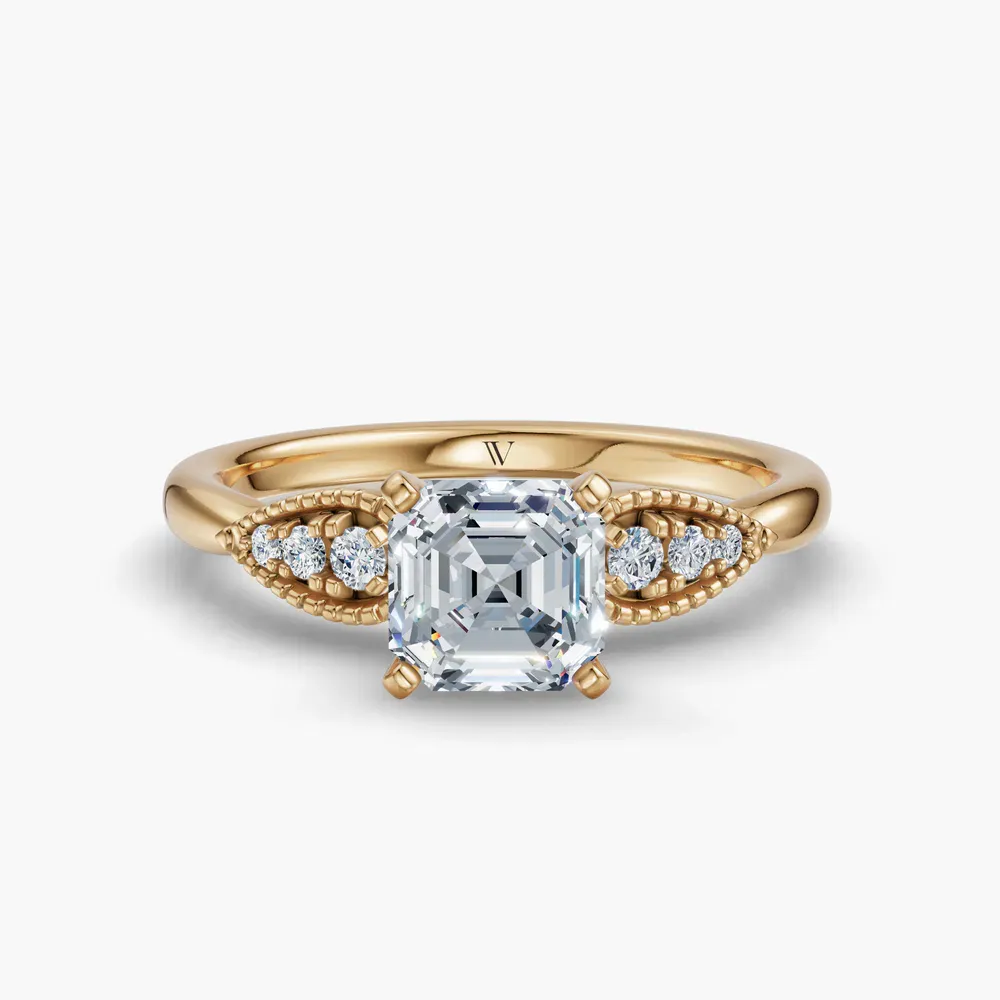 Certified 1 carat Lab Grown Diamond Asscher Cut Milgrain, Vintage, Side Stone Engagement Ring in 14K Yellow Gold-Yerlin