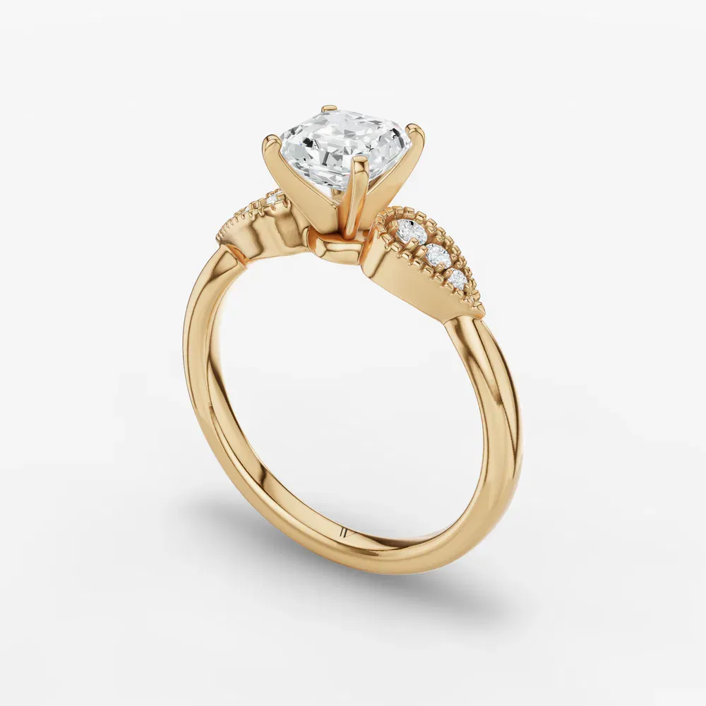 Certified 1 carat Lab Grown Diamond Asscher Cut Milgrain, Vintage, Side Stone Engagement Ring in 14K Yellow Gold-Yerlin