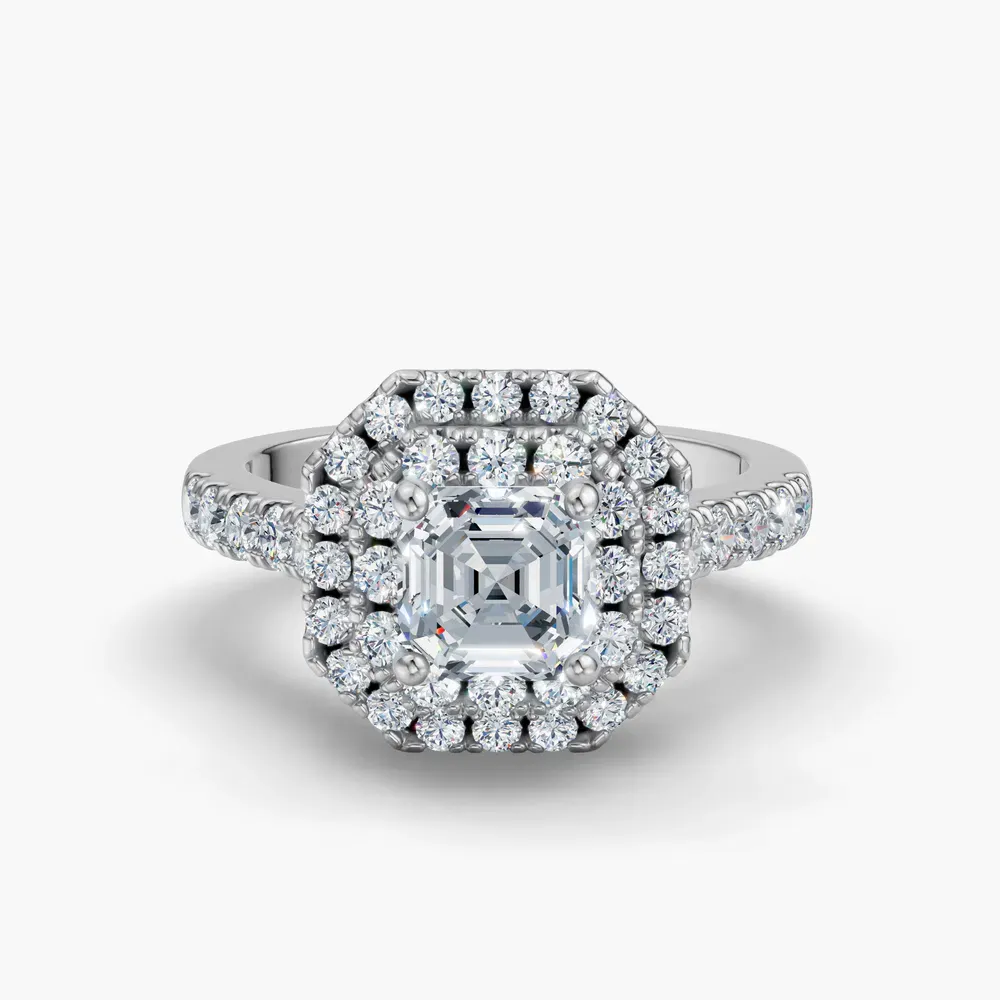 Certified 1 carat Lab Grown Diamond Asscher Cut Halo, Pavé, Double halo Engagement Ring in 14K White Gold-Brexa
