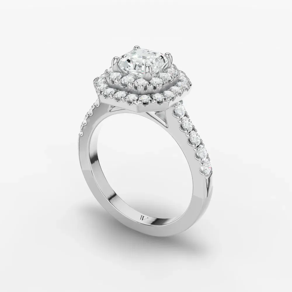 Certified 1 carat Lab Grown Diamond Asscher Cut Halo, Pavé, Double halo Engagement Ring in 14K White Gold-Brexa