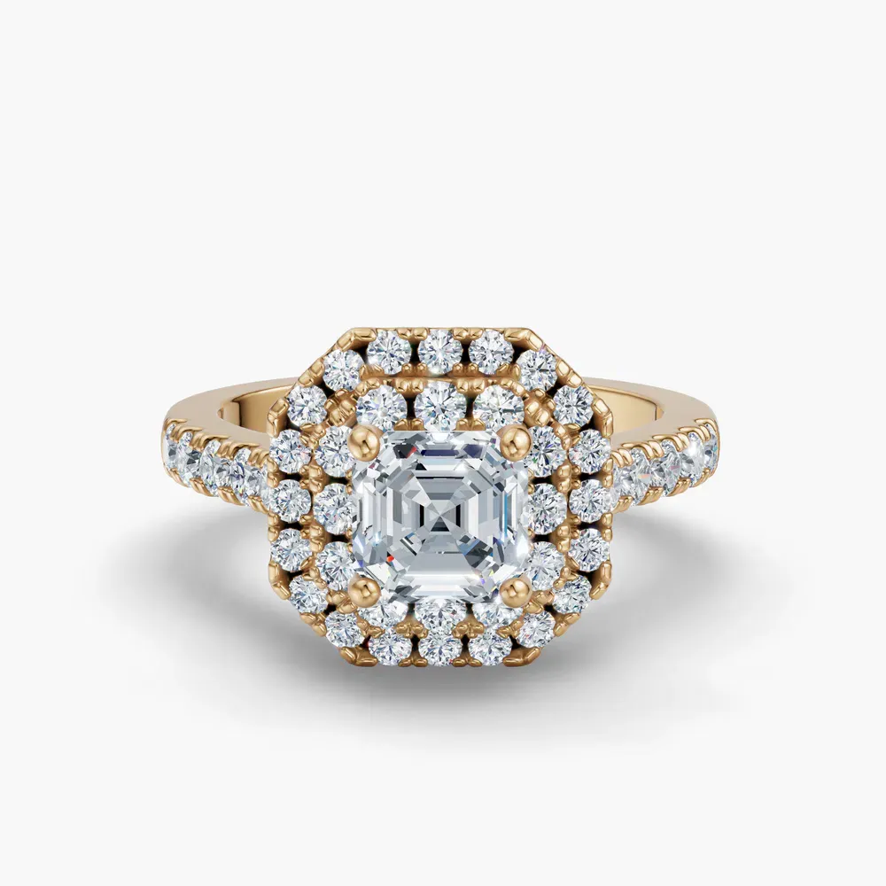 Certified 1 carat Lab Grown Diamond Asscher Cut Halo, Pavé, Double halo Engagement Ring in 14K Yellow Gold-Brexa