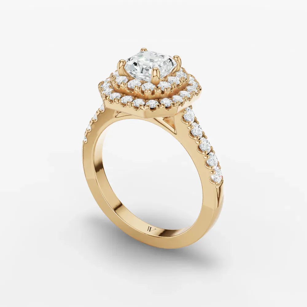 Certified 1 carat Lab Grown Diamond Asscher Cut Halo, Pavé, Double halo Engagement Ring in 14K Yellow Gold-Brexa