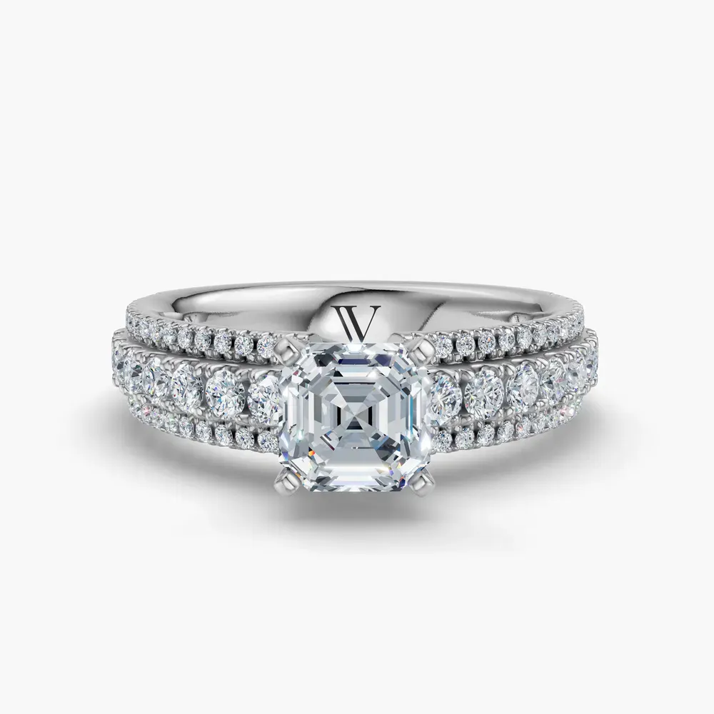 Certified 1 carat Lab Grown Diamond Asscher Cut Pavé Engagement Ring in 14K White Gold-Riven