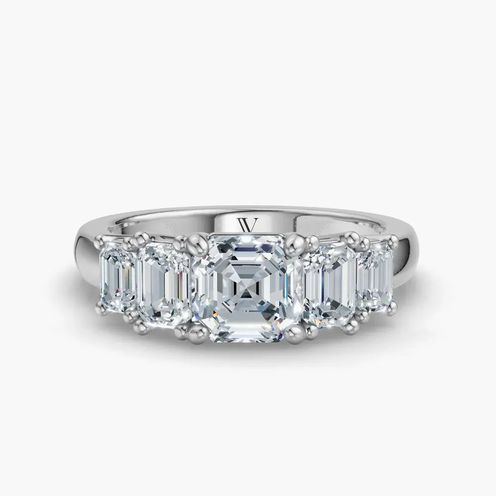 Certified 1 carat Lab Grown Diamond Asscher Cut Five Stone, Side Stone Engagement Ring in 14K White Gold-Osvh