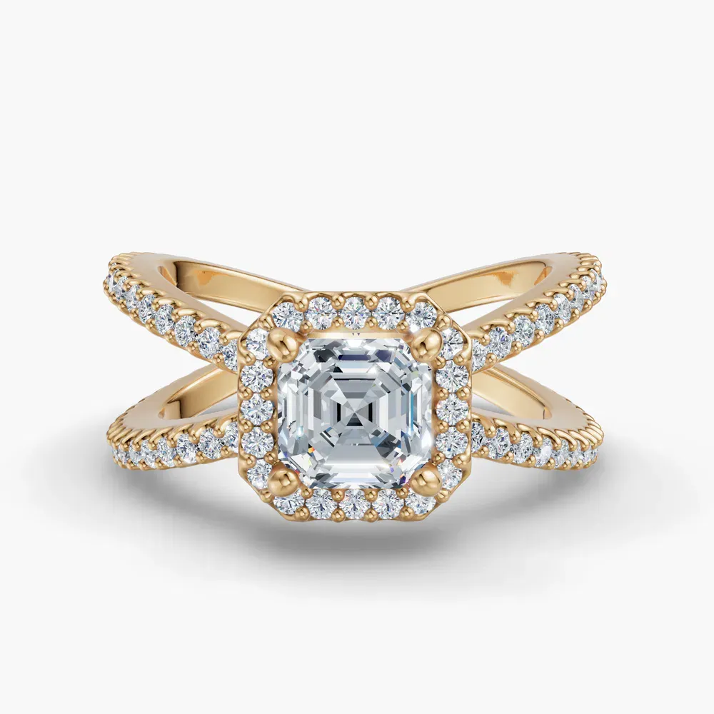 Certified 1 carat Lab Grown Diamond Asscher Cut Pavé, Halo, Split Shank Engagement Ring in 14K Yellow Gold-Xylius